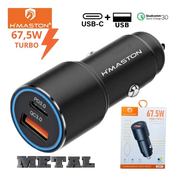 Carregador Veicular Turbo 67.5w Usb + Tipo-c Universal
