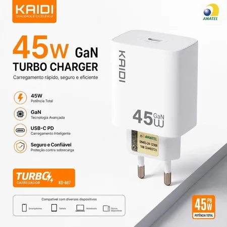 Fonte Carregador Turbo Kaidi Kd-667 45w Pd Usb-c Ios/android