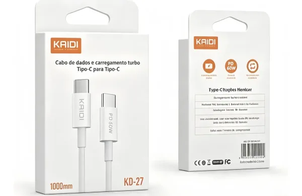 Cabo Carregador Turbo Tipo C 60W Kaidi KD-27 1m Branco USB-C